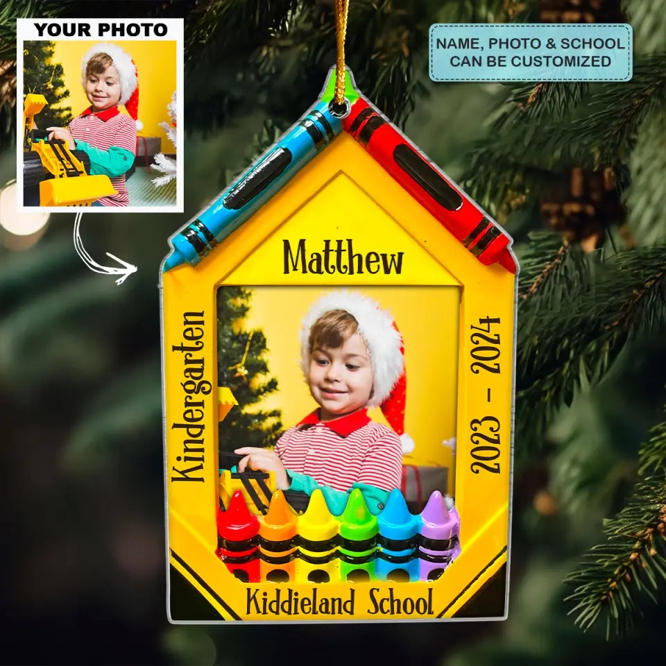 Crayon Picture Frame School Grades - Personalized Custom Mica Ornament - Christmas Gift For Kid, Family Members