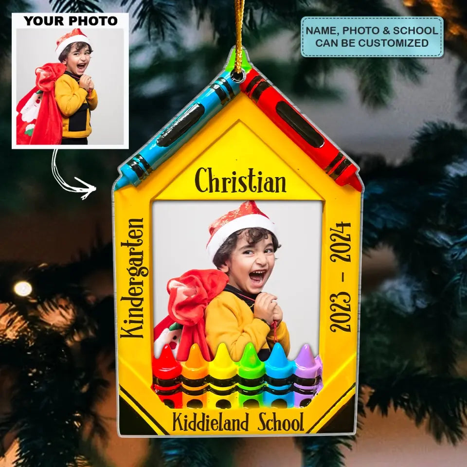 Crayon Picture Frame School Grades - Personalized Custom Mica Ornament - Christmas Gift For Kid, Family Members