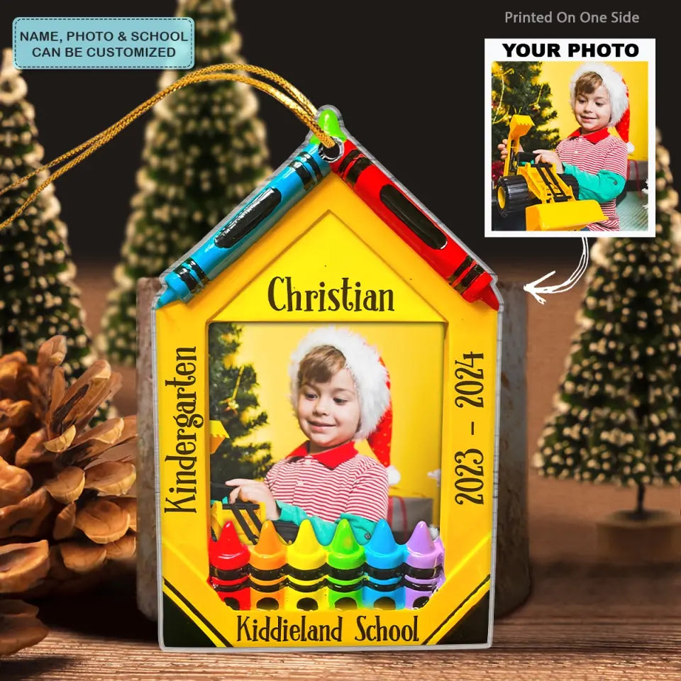 Crayon Picture Frame School Grades - Personalized Custom Mica Ornament - Christmas Gift For Kid, Family Members