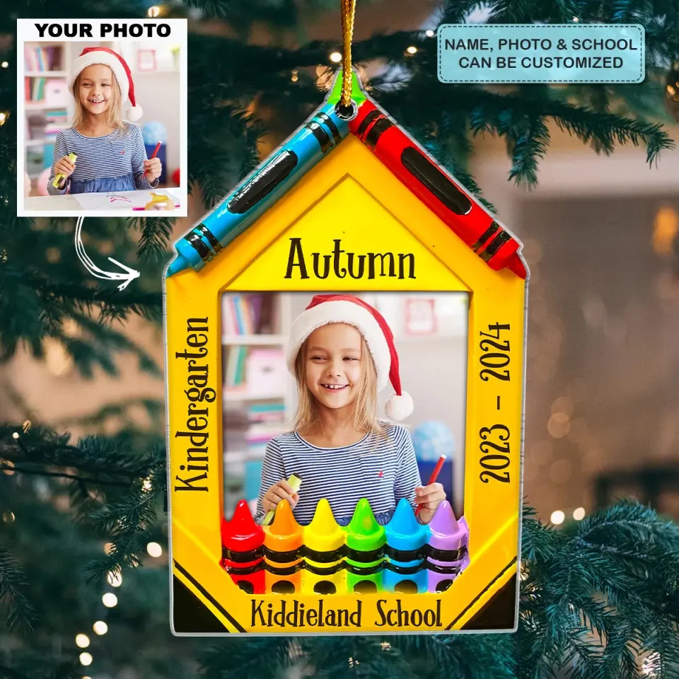 Crayon Picture Frame School Grades - Personalized Custom Mica Ornament - Christmas Gift For Kid, Family Members