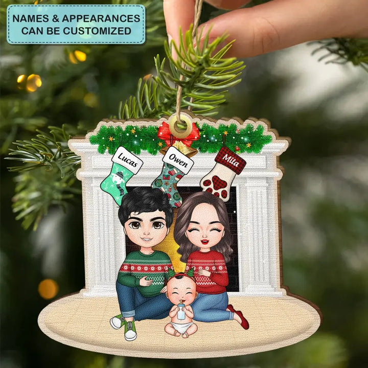 Family Sitting At Fireplace V2 - Personalized Custom Wood Ornament - Christmas Gift For Family Members