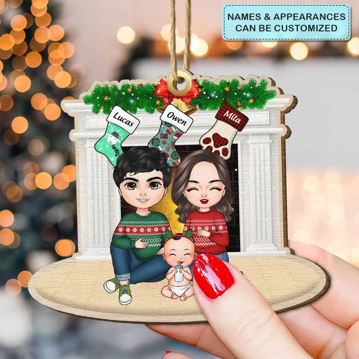 Family Sitting At Fireplace V2 - Personalized Custom Wood Ornament - Christmas Gift For Family Members