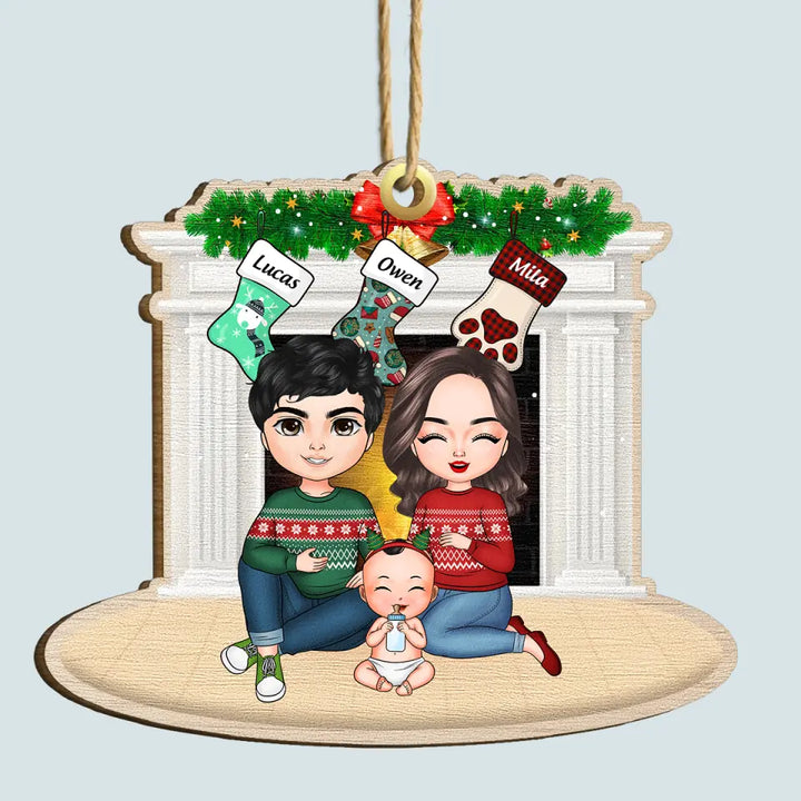 Family Sitting At Fireplace V2 - Personalized Custom Wood Ornament - Christmas Gift For Family Members
