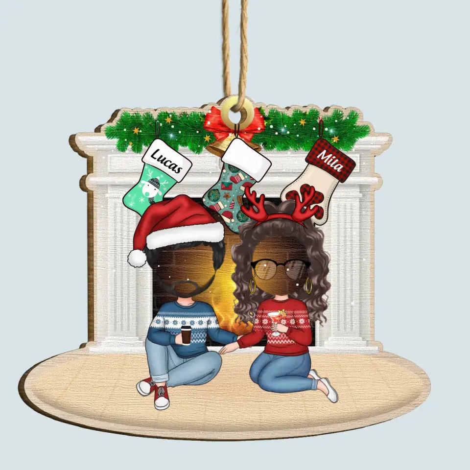 Family Sitting At Fireplace V2 - Personalized Custom Wood Ornament - Christmas Gift For Family Members