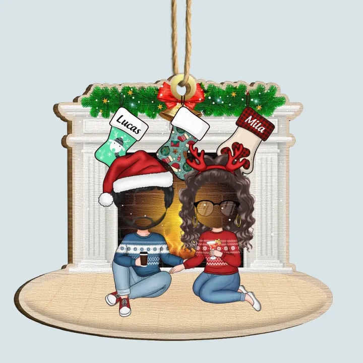 Family Sitting At Fireplace V2 - Personalized Custom Wood Ornament - Christmas Gift For Family Members