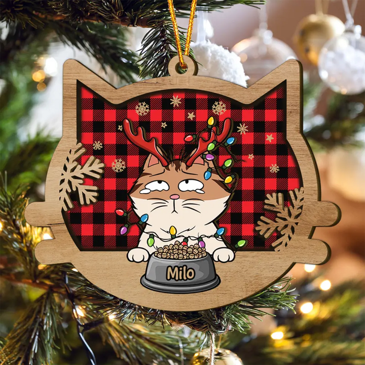 Happy Cat Dog On Christmas Day - Personalized Custom Layer Wood Ornament - Christmas Gift For Pet Mom, Pet Dad, Pet Lover, Pet Owner