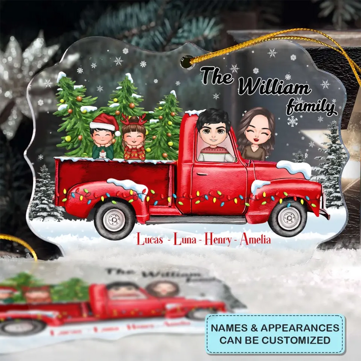 Christmas Family On Truck - Personalized Custom Mica Ornament - Christmas Gift For Family Members