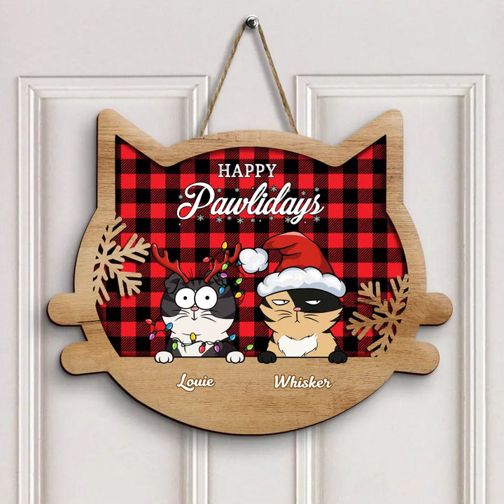 Checkered Pattern Christmas - Personalized Custom Door Sign - Christmas Gift For Cat Lover, Cat Owner, Dog Lover, Dog Owner, Cat Mom, Cat Dad, Dog Mom, Dog Dad