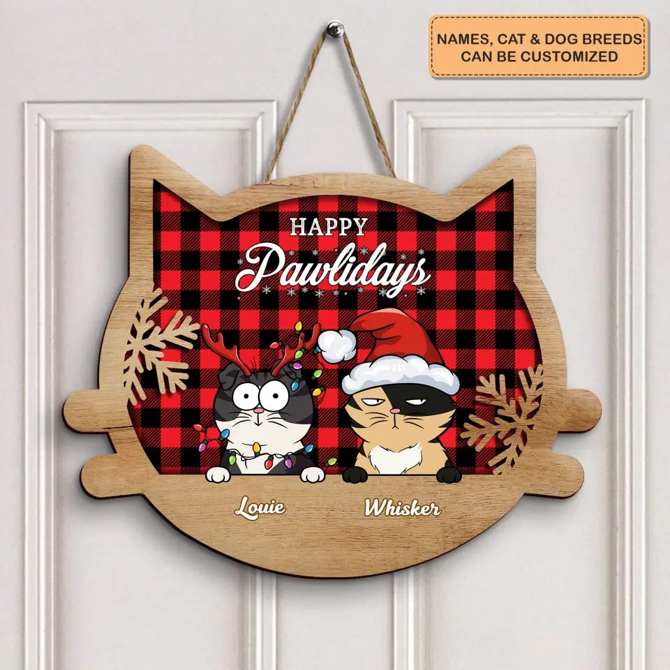 Checkered Pattern Christmas - Personalized Custom Door Sign - Christmas Gift For Cat Lover, Cat Owner, Dog Lover, Dog Owner, Cat Mom, Cat Dad, Dog Mom, Dog Dad