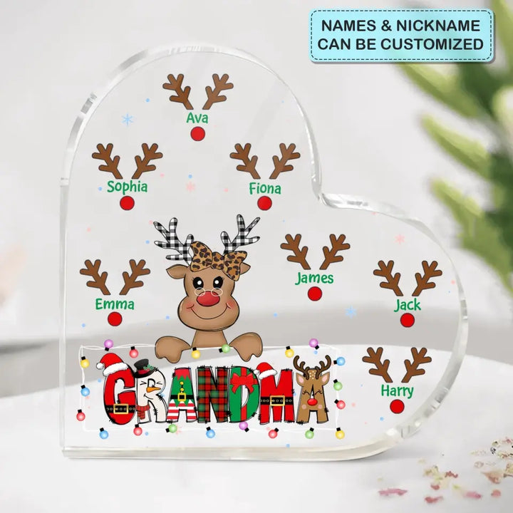 Mom Cute Reindeer Christmas Pattern - Personalized Custom Heart-shaped Acrylic Plaque - Christmas Gift For Grandma, Mom, Family Members