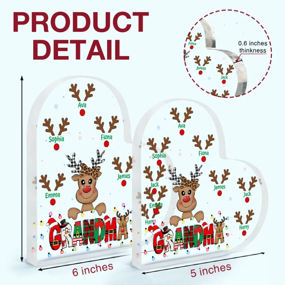 Mom Cute Reindeer Christmas Pattern - Personalized Custom Heart-shaped Acrylic Plaque - Christmas Gift For Grandma, Mom, Family Members