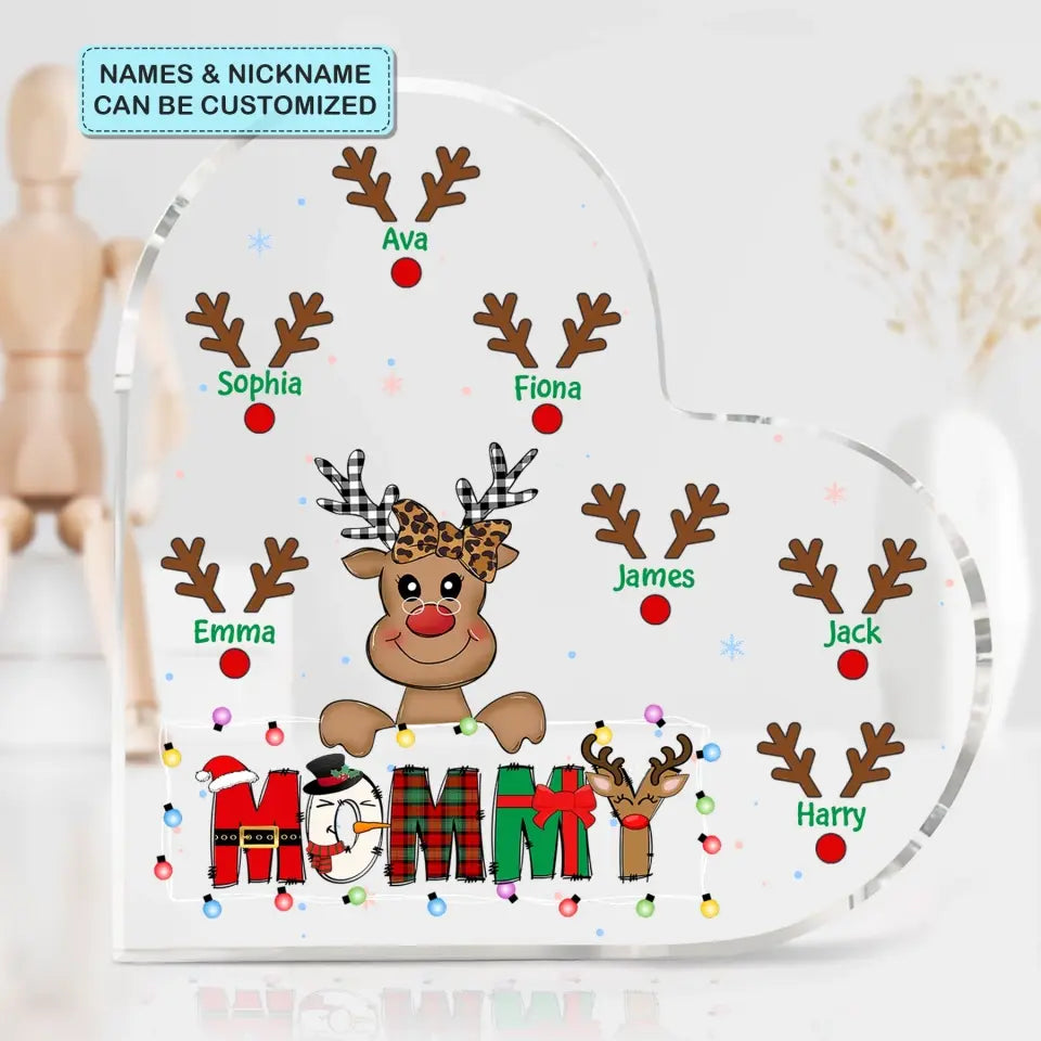 Mom Cute Reindeer Christmas Pattern - Personalized Custom Heart-shaped Acrylic Plaque - Christmas Gift For Grandma, Mom, Family Members