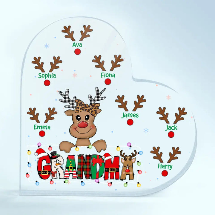 Mom Cute Reindeer Christmas Pattern - Personalized Custom Heart-shaped Acrylic Plaque - Christmas Gift For Grandma, Mom, Family Members