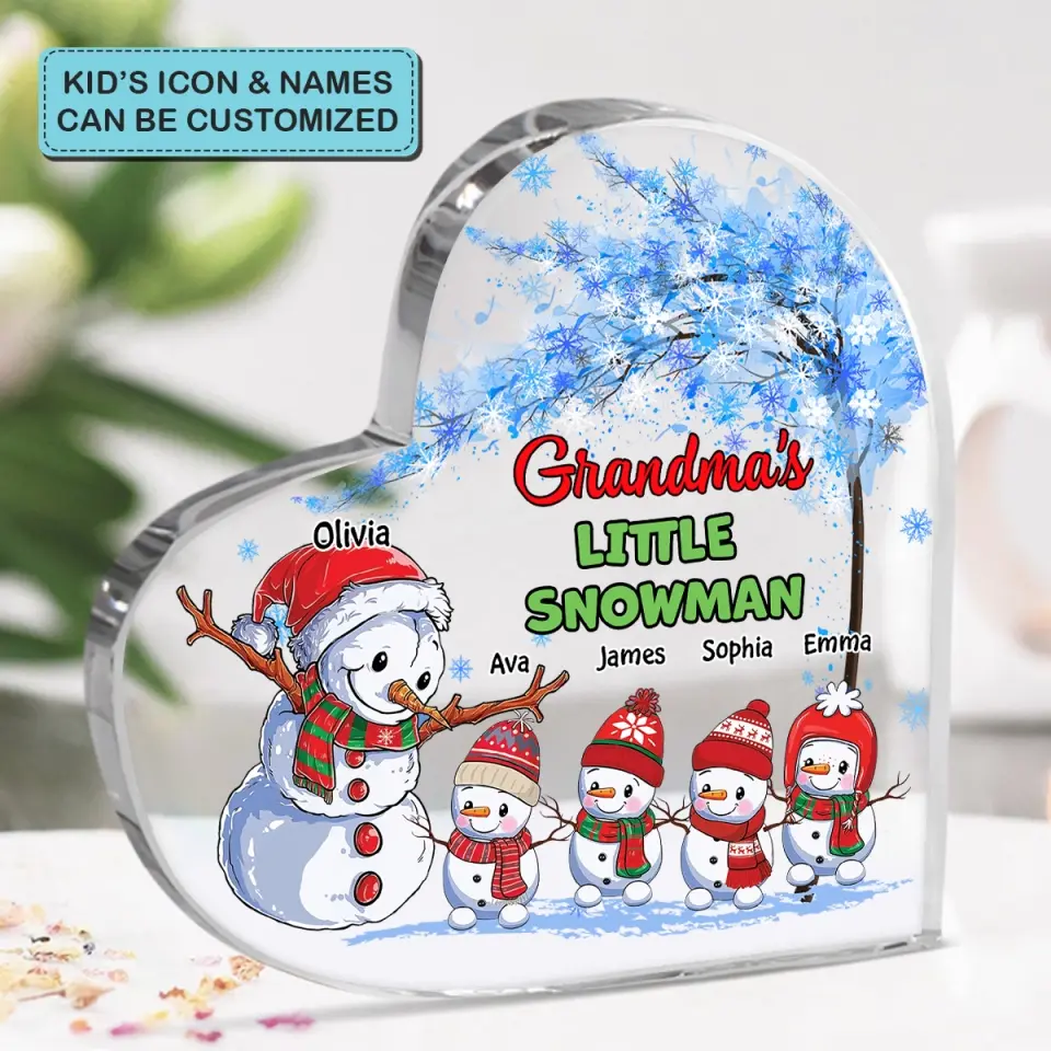 Grandma's Little Snowman - Personalized Custom Heart-shaped Acrylic Plaque - Christmas Gift For Grandma, Mom, Family Members