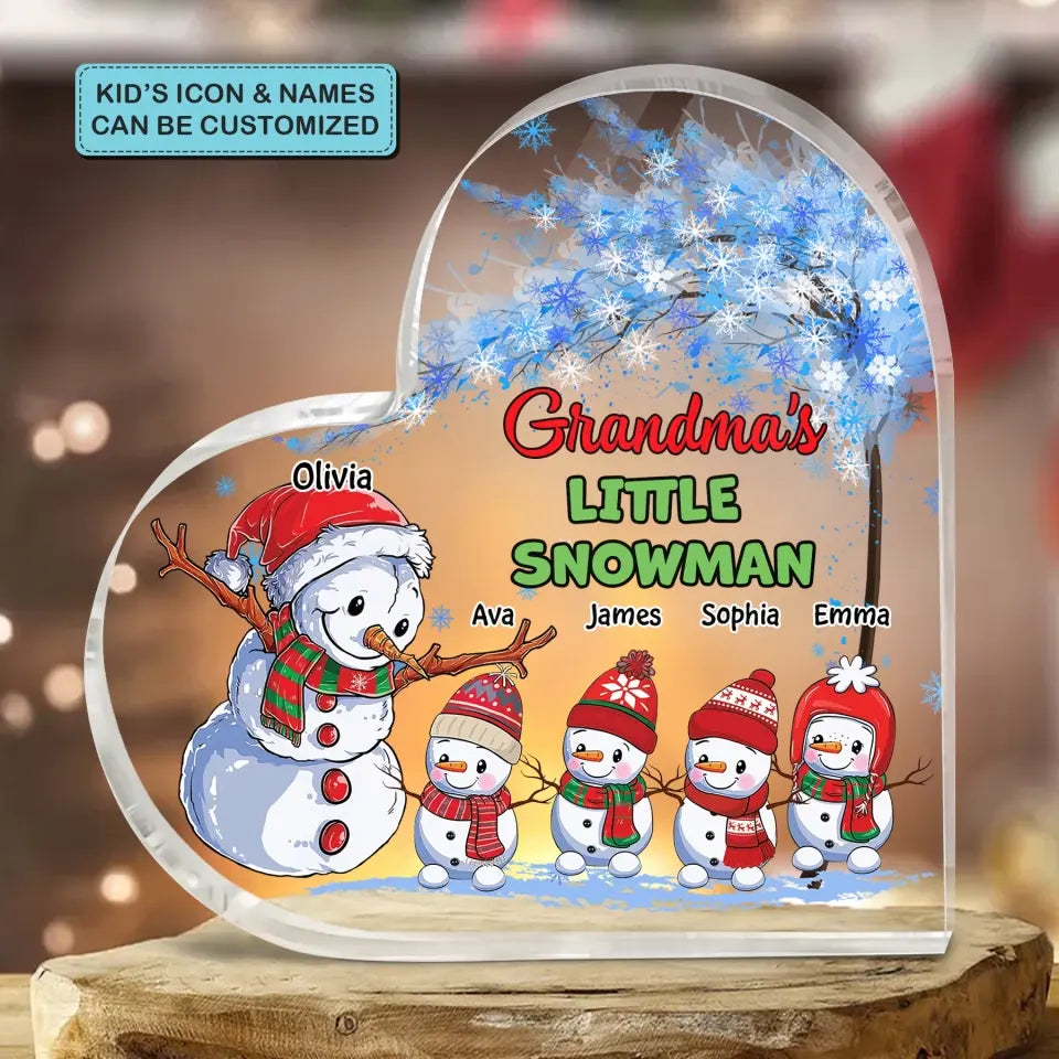 Grandma's Little Snowman - Personalized Custom Heart-shaped Acrylic Plaque - Christmas Gift For Grandma, Mom, Family Members