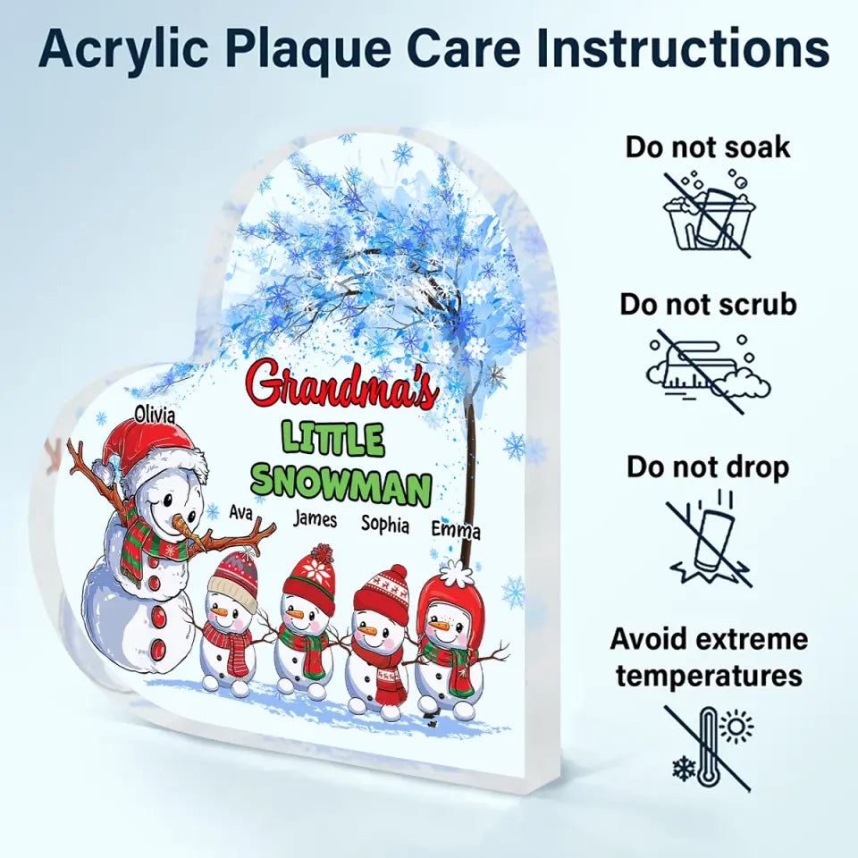 Grandma's Little Snowman - Personalized Custom Heart-shaped Acrylic Plaque - Christmas Gift For Grandma, Mom, Family Members