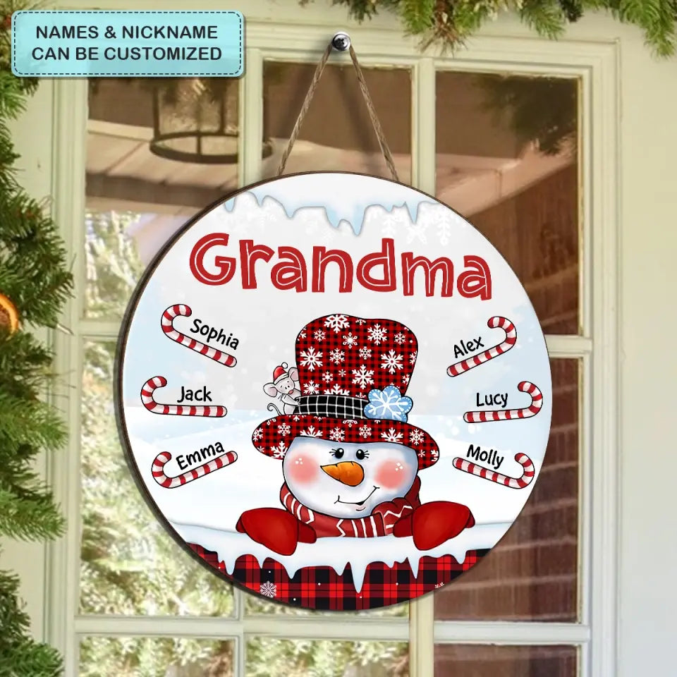 Snowman Candy Cane - Personalized Custom Door Sign - Christmas, Mother's Day Gift For Grandma, Mom, Family Members