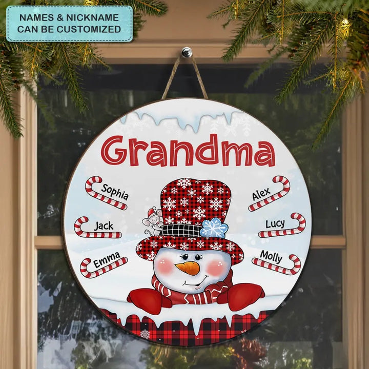 Snowman Candy Cane - Personalized Custom Door Sign - Christmas, Mother's Day Gift For Grandma, Mom, Family Members