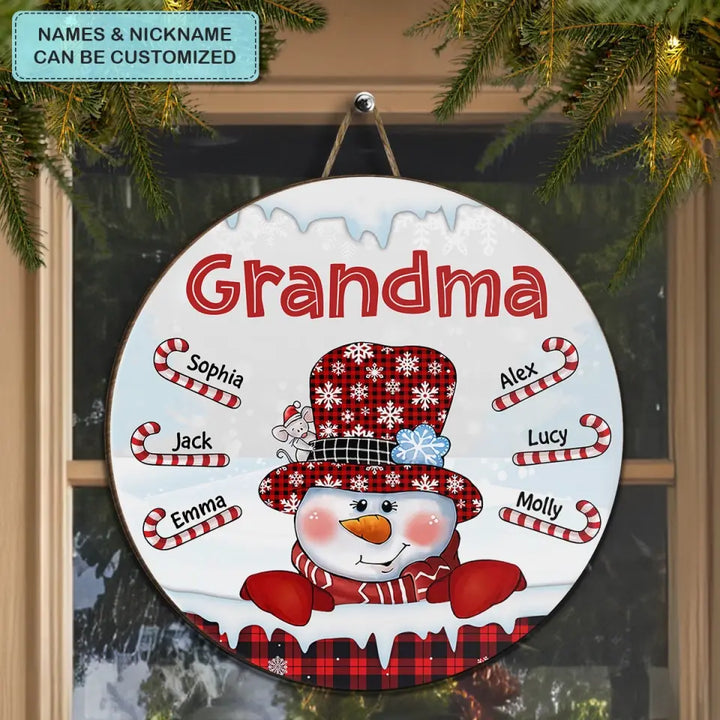 Snowman Candy Cane - Personalized Custom Door Sign - Christmas, Mother's Day Gift For Grandma, Mom, Family Members