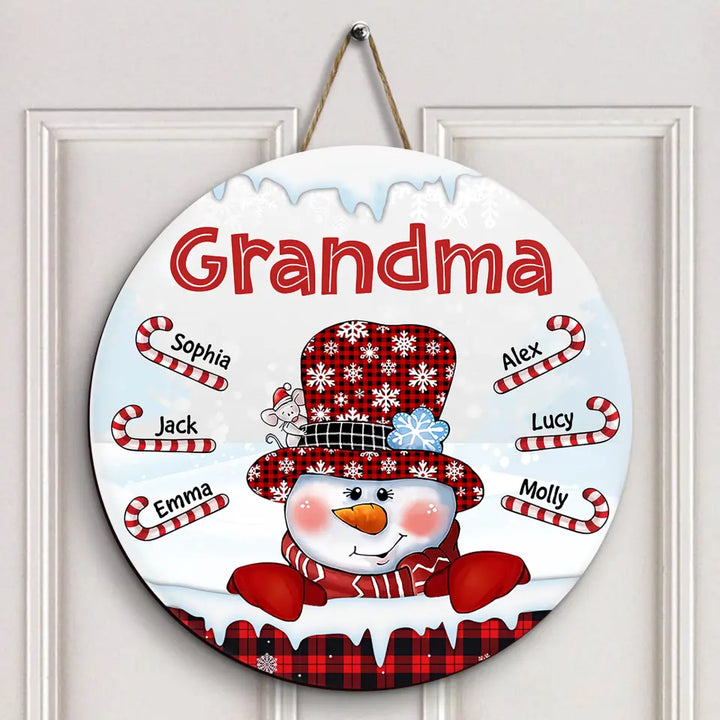 Snowman Candy Cane - Personalized Custom Door Sign - Christmas, Mother's Day Gift For Grandma, Mom, Family Members