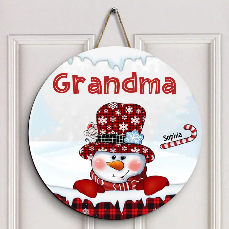 Snowman Candy Cane - Personalized Custom Door Sign - Christmas, Mother's Day Gift For Grandma, Mom, Family Members