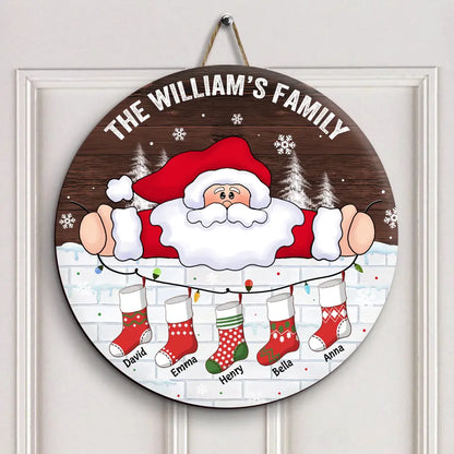 Stocking Family And Santa Claus - Personalized Custom Door Sign - Christmas Gift For Members