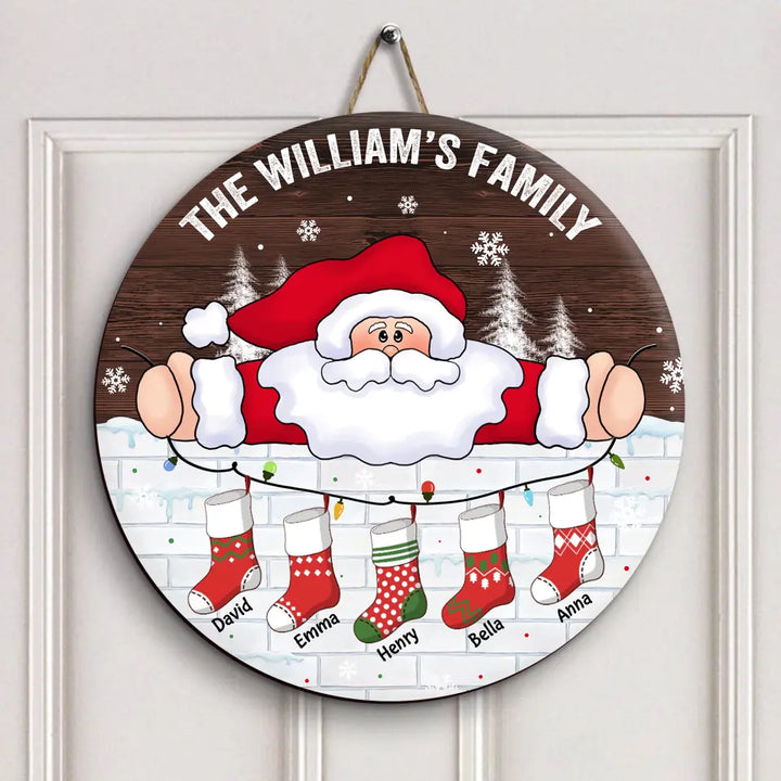 Stocking Family And Santa Claus - Personalized Custom Door Sign - Christmas Gift For Members