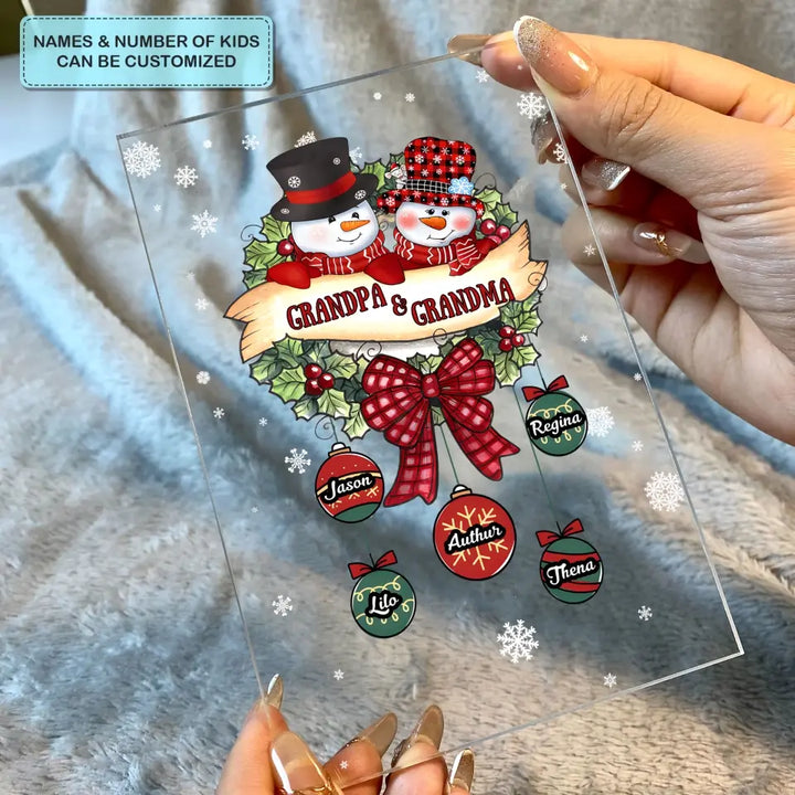 Snowman Grandma And Grandpa - Personalized Custom Acrylic Plaque - Christmas Gift For Grandma, Grandpa, Family Members