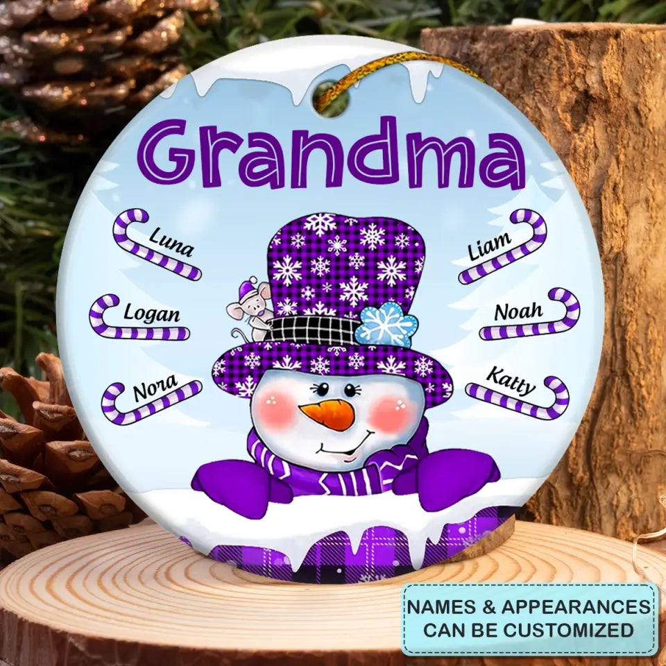 Snowman Candy Cane Kids - Personalized Custom Ceramic Ornament - Christmas, Mother's Day Gift For Grandma, Mom, Family Members