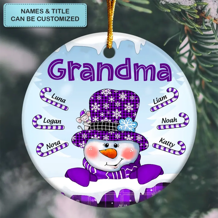 Snowman Candy Cane Kids - Personalized Custom Ceramic Ornament - Christmas, Mother's Day Gift For Grandma, Mom, Family Members
