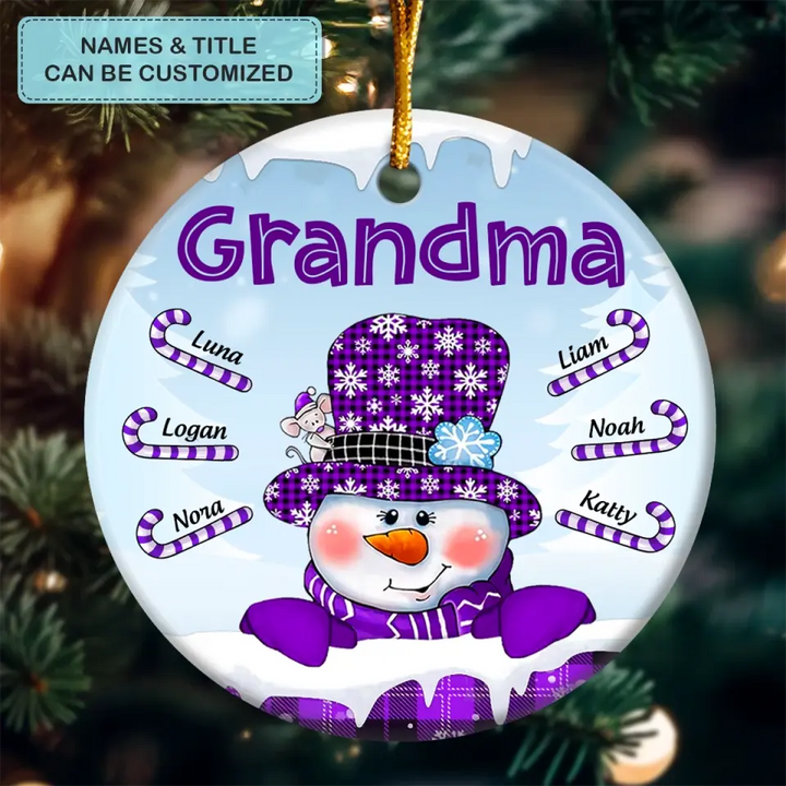 Snowman Candy Cane Kids - Personalized Custom Ceramic Ornament - Christmas, Mother's Day Gift For Grandma, Mom, Family Members