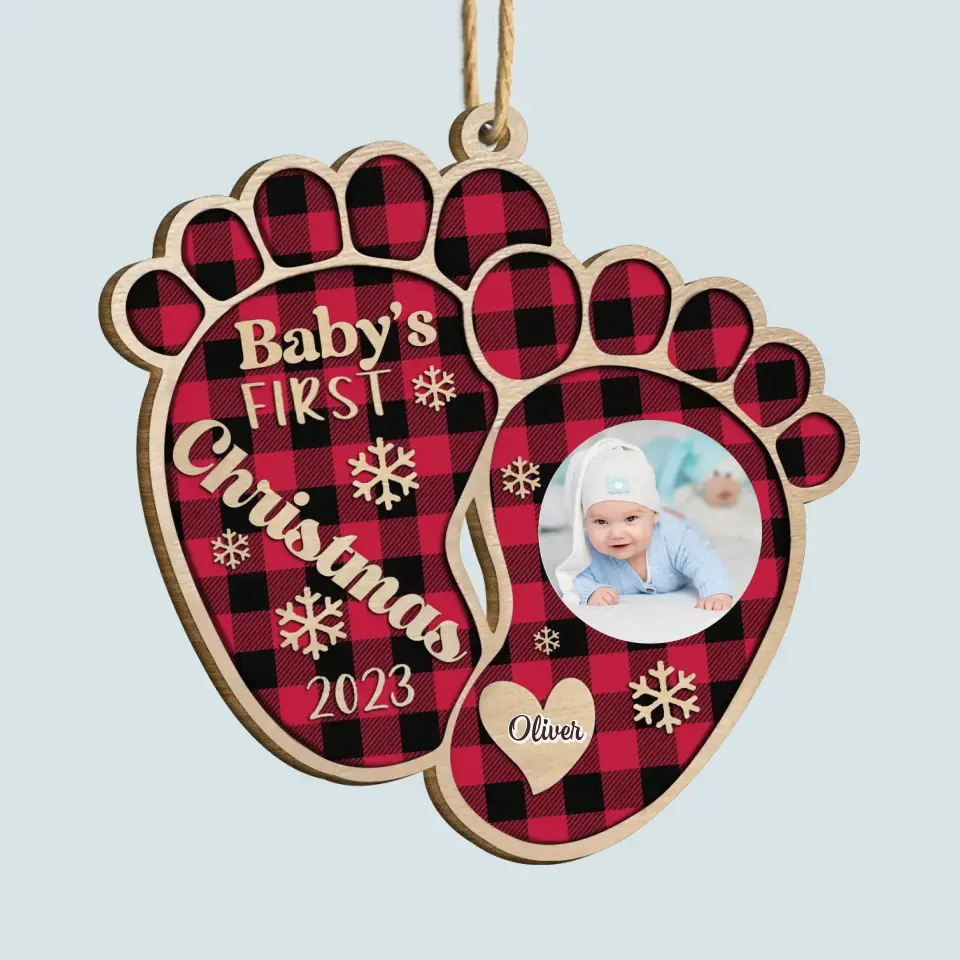 Baby's 1st Christmas Foot Print- Personalized Custom Photo Wood Ornament - Christmas Gift For Family, Family Members