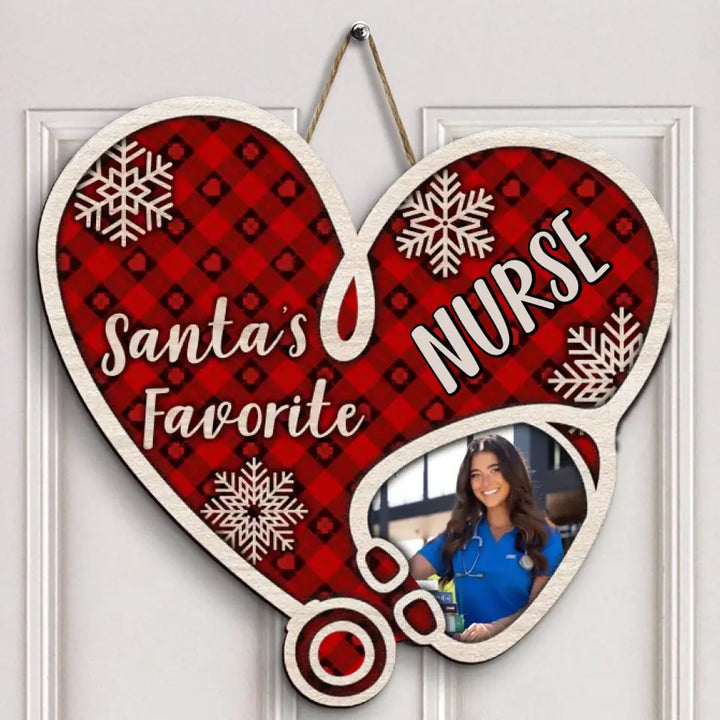 Santa's Favorite Nurse - Personalized Custom Door Sign - Nurse's Day, Christmas Gift For Nurse