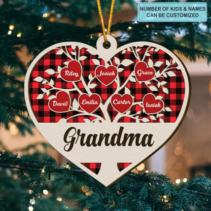 Family Tree Heart Grandkids - Personalized Custom Layer Wood Ornament - Christmas Gift For Grandma, Mom, Family Members