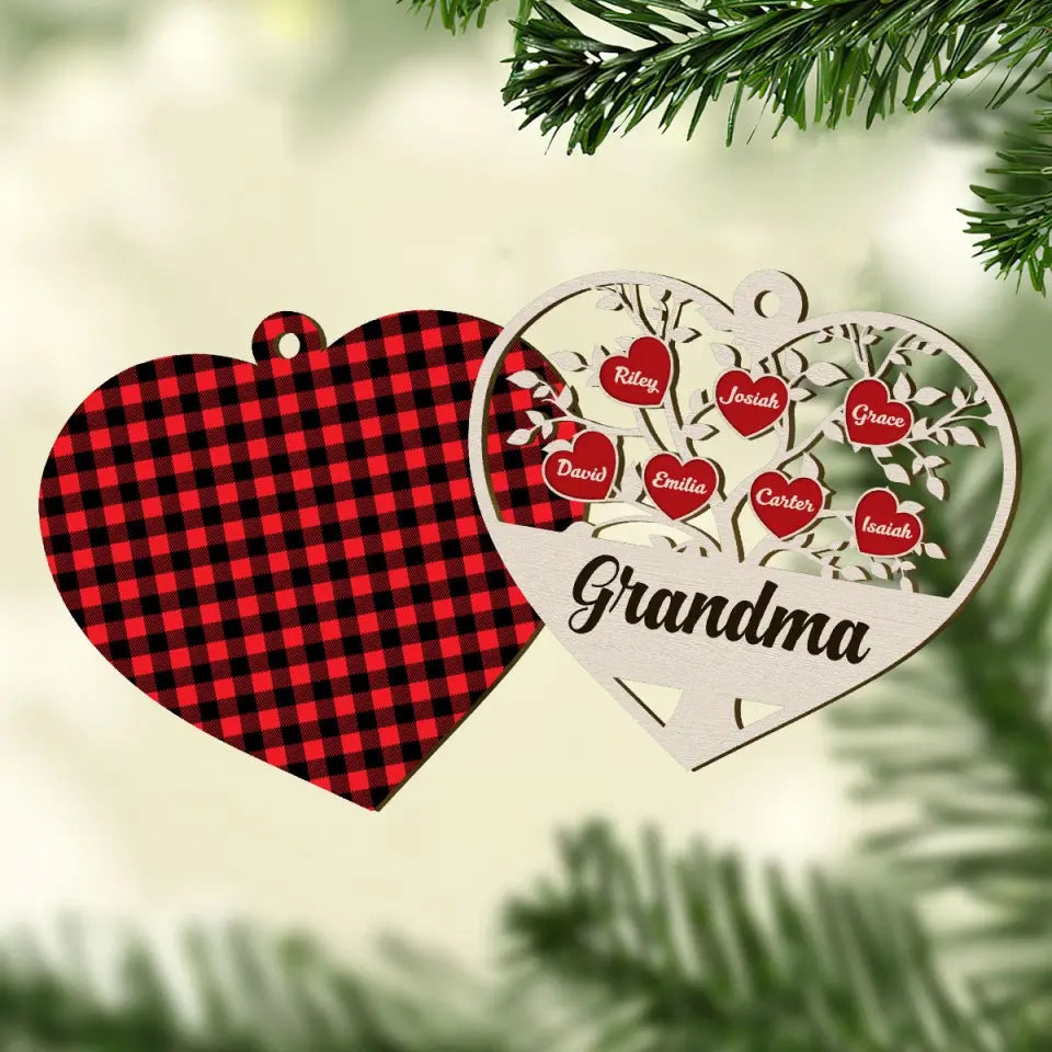 Family Tree Heart Grandkids - Personalized Custom Layer Wood Ornament - Christmas Gift For Grandma, Mom, Family Members