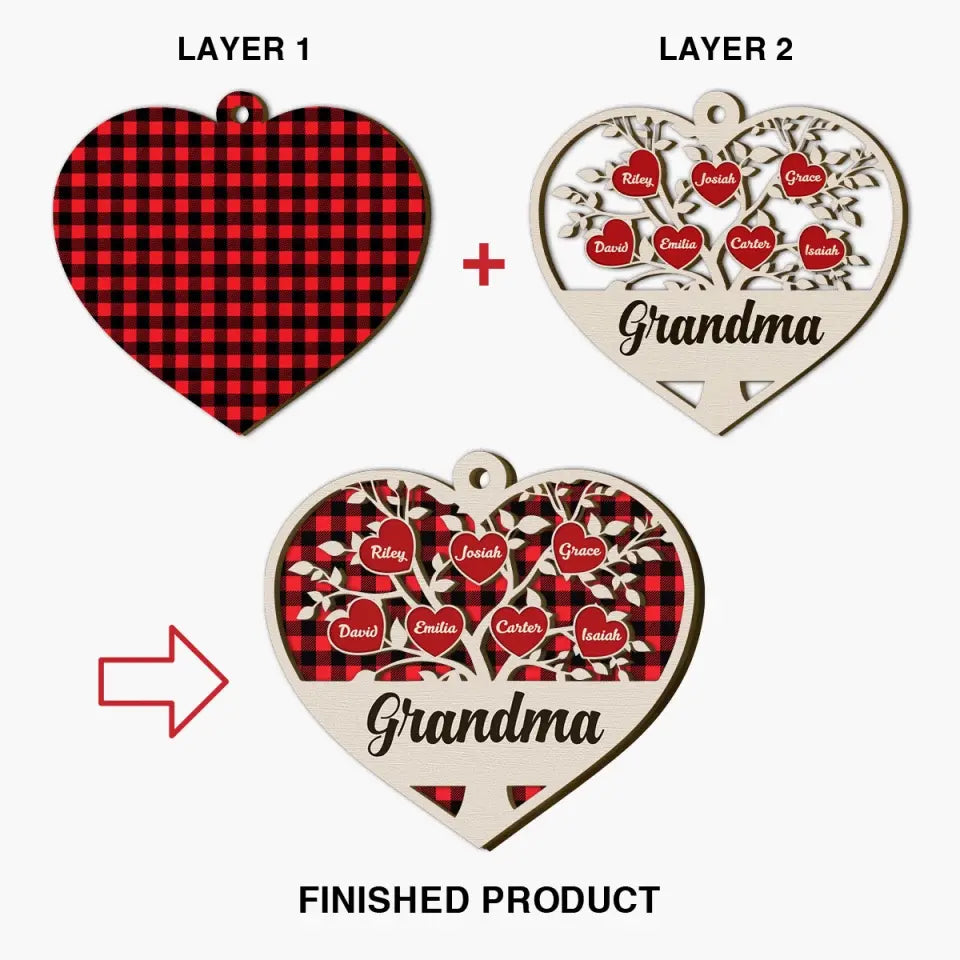 Family Tree Heart Grandkids - Personalized Custom Layer Wood Ornament - Christmas Gift For Grandma, Mom, Family Members