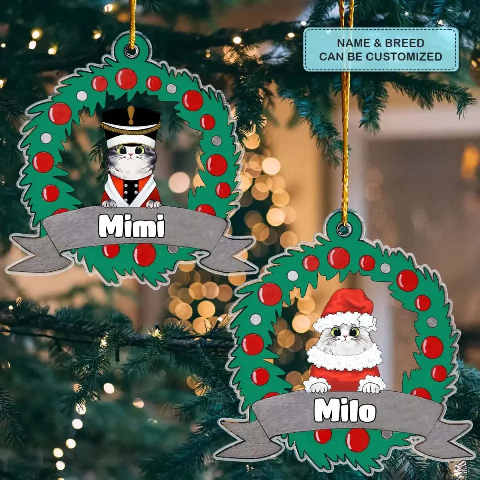 Christmas Wreath Cat - Personalized Custom Mica Ornament - Christmas Gift For Cat Mom, Cat Dad, Cat Lover, Cat Owner