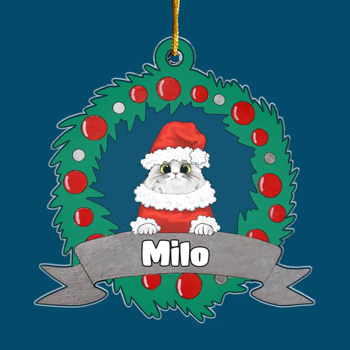 Christmas Wreath Cat - Personalized Custom Mica Ornament - Christmas Gift For Cat Mom, Cat Dad, Cat Lover, Cat Owner