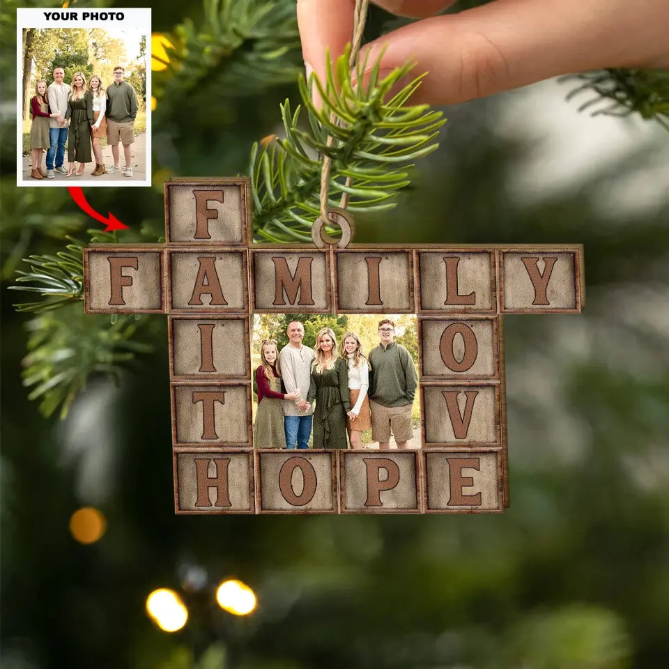 Family Faith Hope Love - Personalized Custom Photo Wood Ornament - Christmas Gift For Family Members
