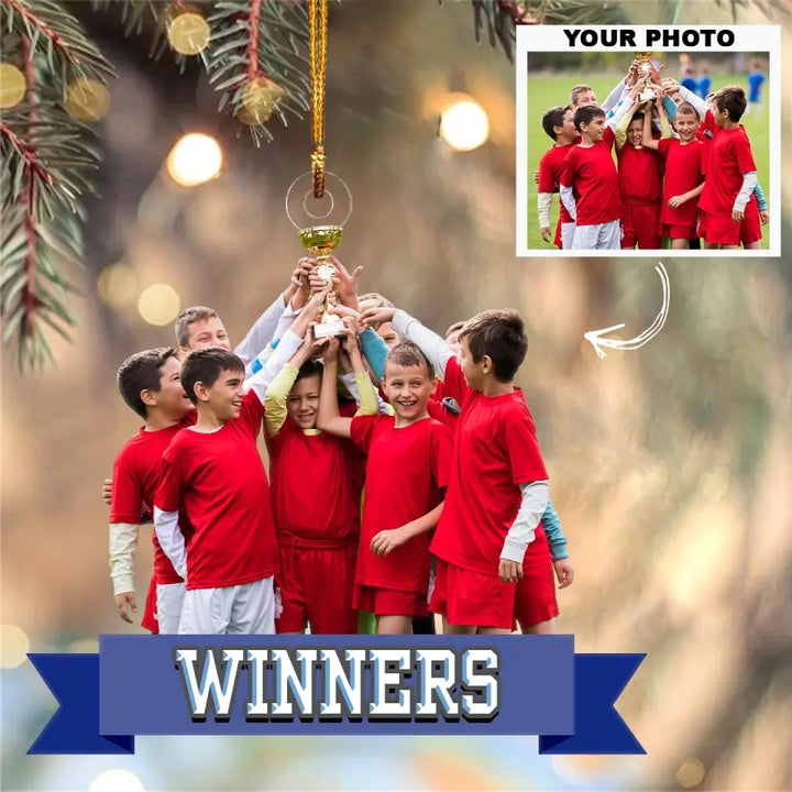 Football Team Winners Podium - Personalized Custom Photo Mica Ornament - Christmas Gift For Soccer Players, Soccer Lovers, Family Members AGCAD002