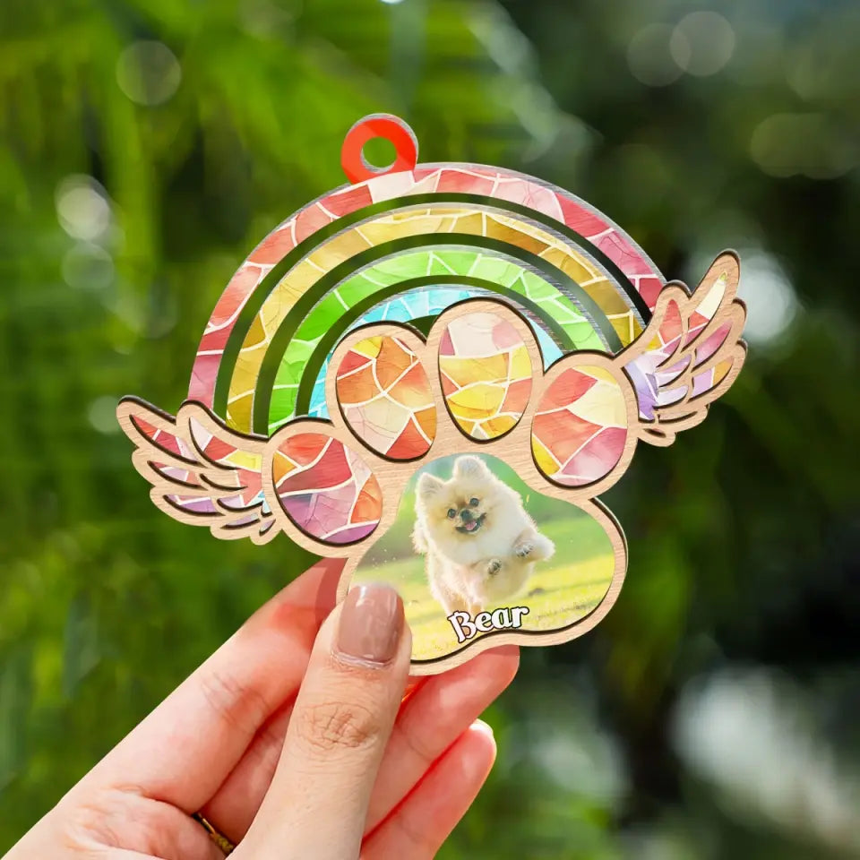 Rainbow Bridge Paw Print Dog Cat Pet Memorial - Personalized Custom Suncatcher Layer Mix Ornament - Memorial Gift For Dog Dad, Dog Mom, Cat Dad, Cat Mom