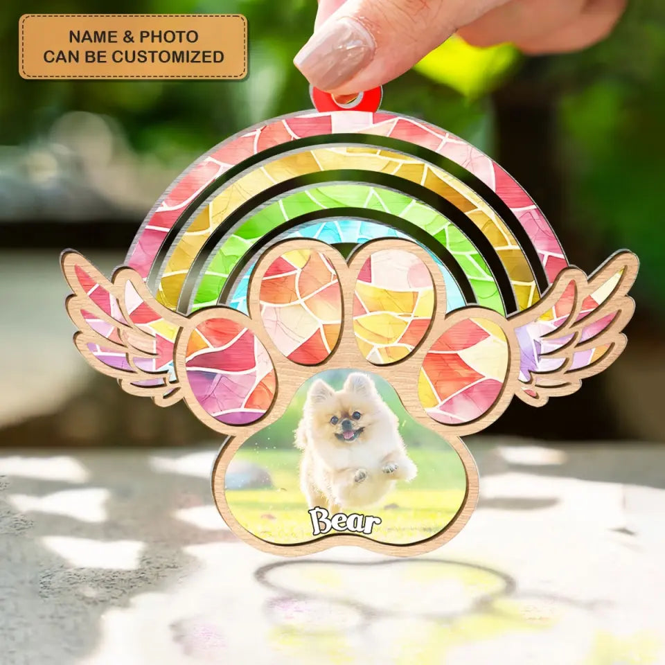 Rainbow Bridge Paw Print Dog Cat Pet Memorial - Personalized Custom Suncatcher Layer Mix Ornament - Memorial Gift For Dog Dad, Dog Mom, Cat Dad, Cat Mom