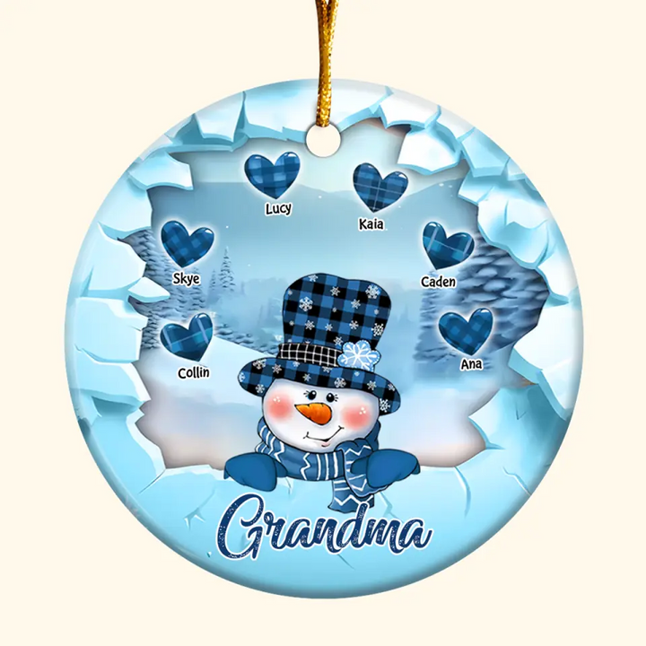 Snowman Grandma Mom Crack Pattern Heart Kids  - Personalized Custom Ceramic Ornament - Christmas Gift For Grandma, Mom, Family Members