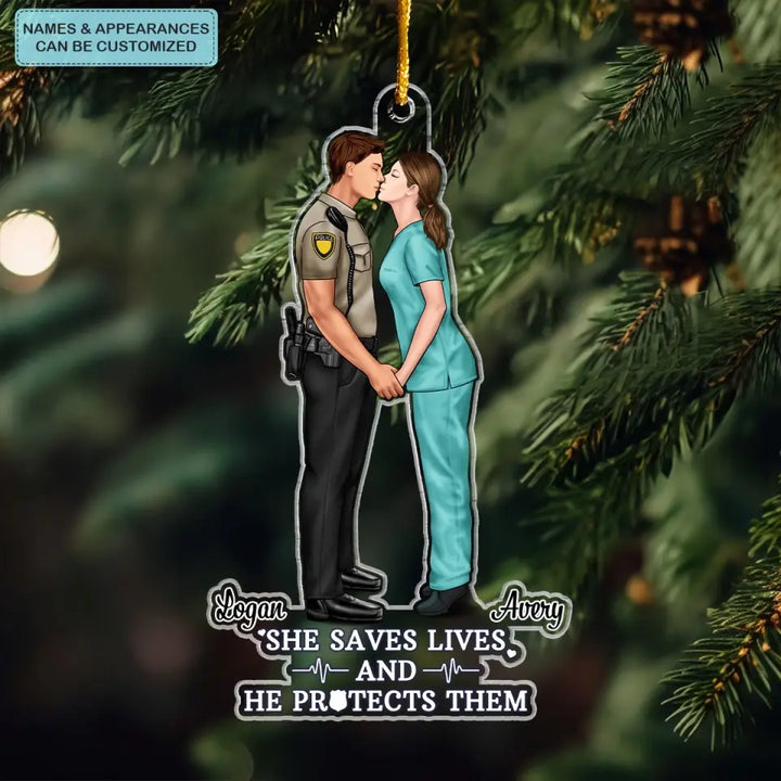 She Saves Lives And He Protects Them - Personalized Custom Shape Mica Ornament - Christmas, Birthday Gift For Couple CLA0AD017
