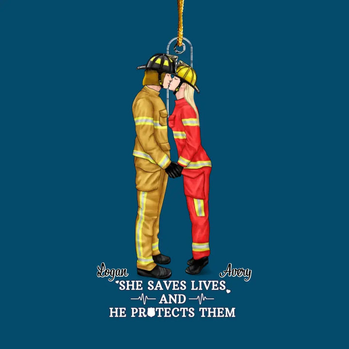 She Saves Lives And He Protects Them - Personalized Custom Shape Mica Ornament - Christmas, Birthday Gift For Couple CLA0AD017