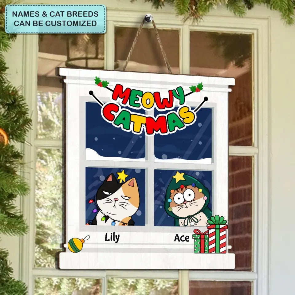 Meowy Catmas - Personalized Custom Door Sign - Christmas Gift For Cat Lover, Cat Dad, Cat Mom