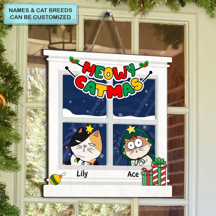 Meowy Catmas - Personalized Custom Door Sign - Christmas Gift For Cat Lover, Cat Dad, Cat Mom