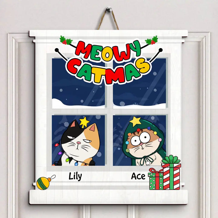 Meowy Catmas - Personalized Custom Door Sign - Christmas Gift For Cat Lover, Cat Dad, Cat Mom