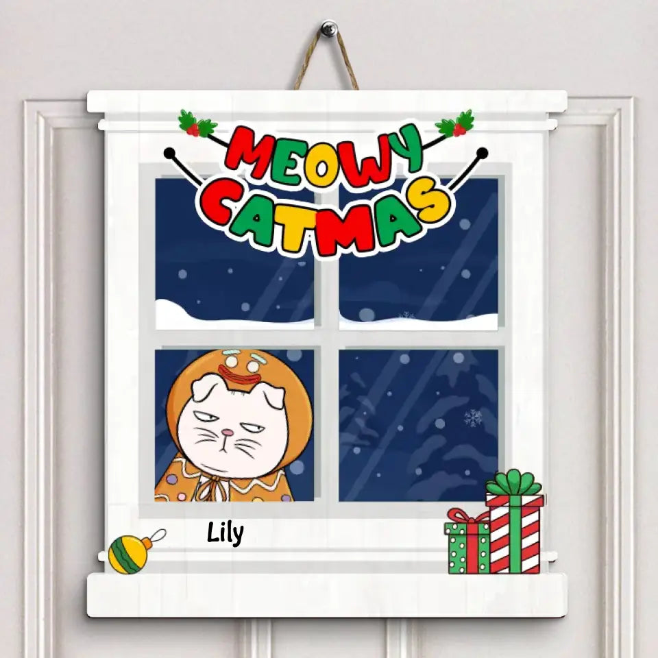 Meowy Catmas - Personalized Custom Door Sign - Christmas Gift For Cat Lover, Cat Dad, Cat Mom