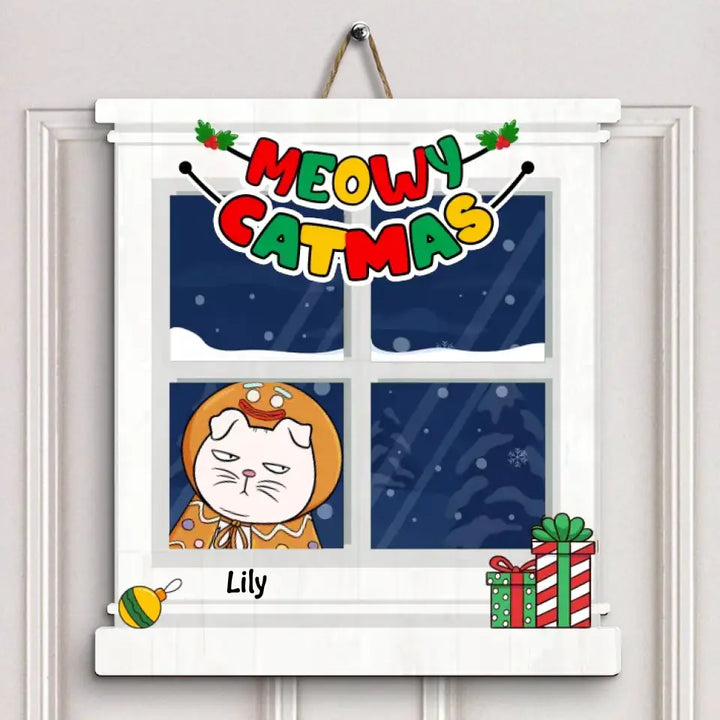 Meowy Catmas - Personalized Custom Door Sign - Christmas Gift For Cat Lover, Cat Dad, Cat Mom